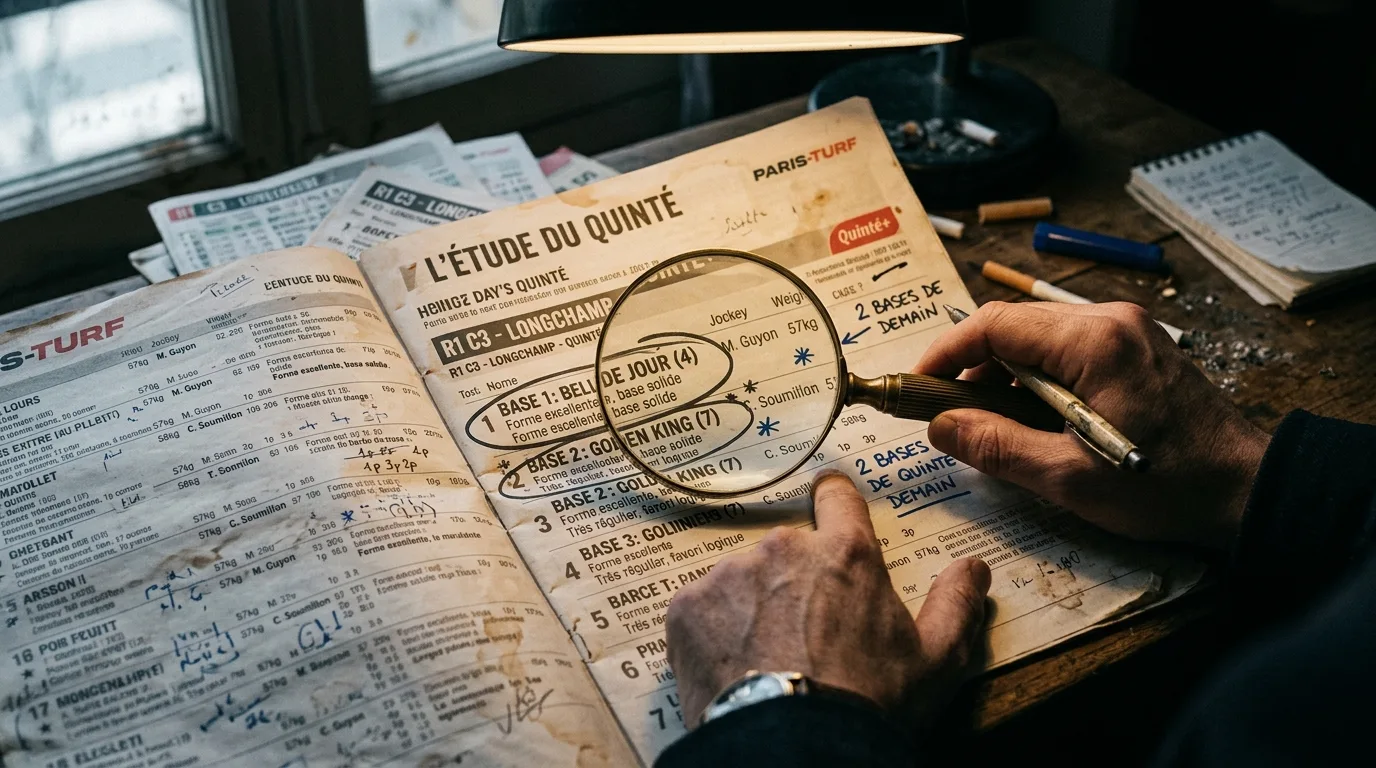 Deux chevaux sûrs franchissant la ligne d'arrivée du Quinté à Longchamp illustrant les bases du Quinté de demain