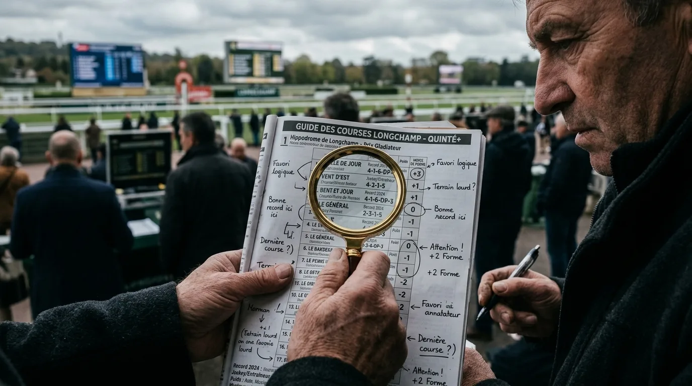 Turfiste analysant l'indice de forme quinté sur un tableau de performances avant une course à Longchamp