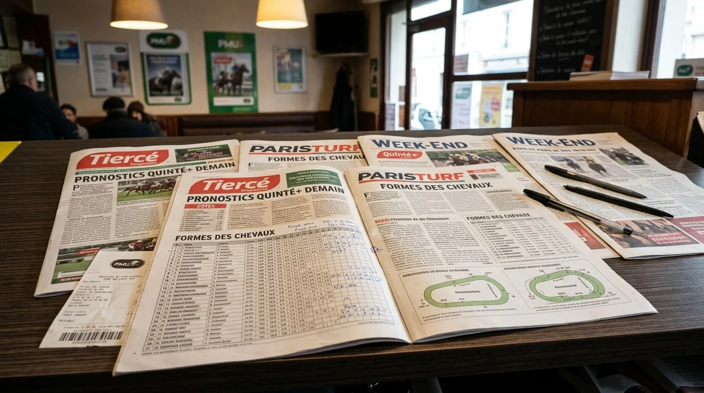 Presse hippique étalée sur un comptoir PMU affichant les pronostics quinté demain presse avant la course