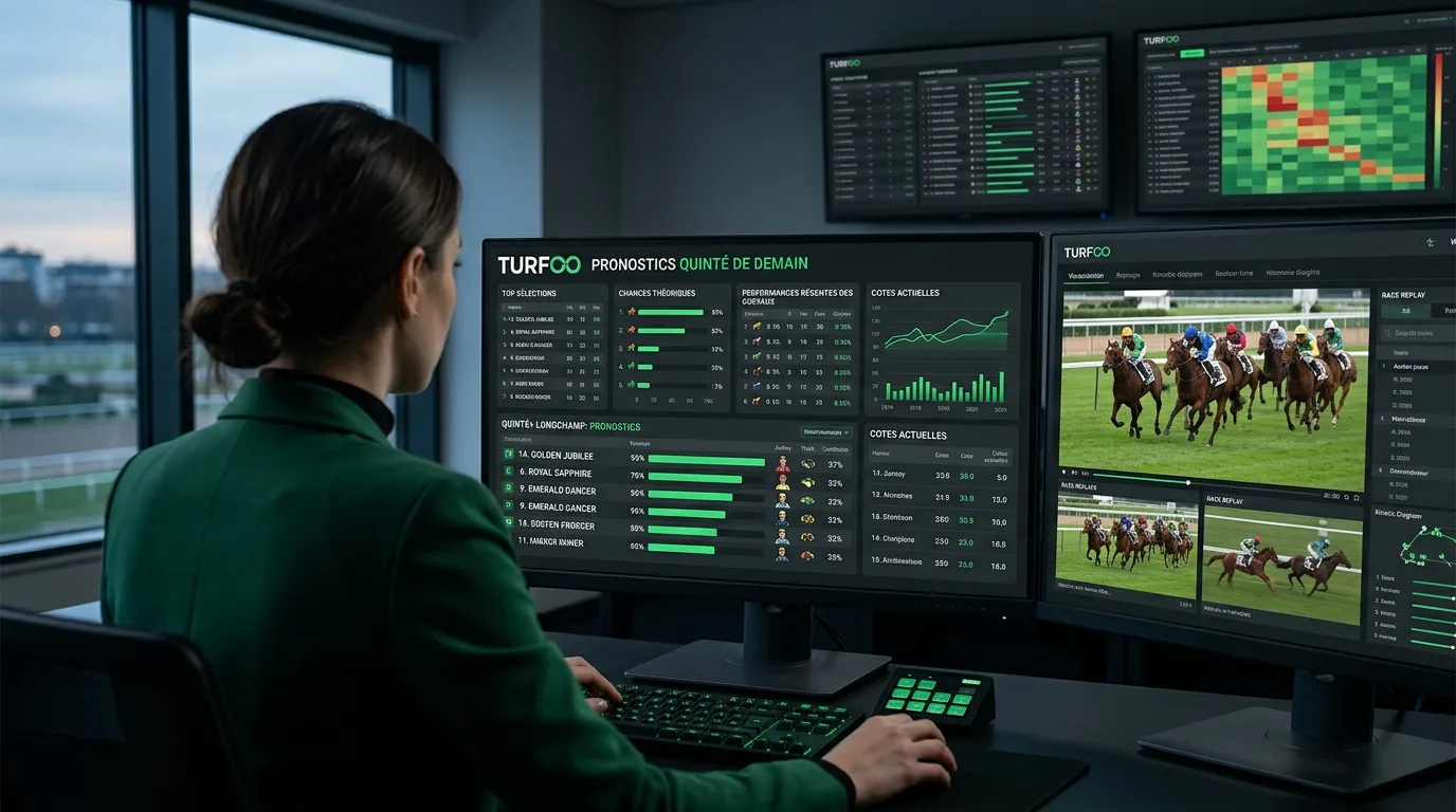 Turfoo affichant ses sélections pronostic quinté demain sur un écran avec chevaux au galop à Longchamp