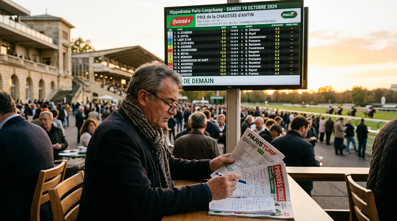 Turfiste analysant le pronostic quinté demain devant un écran affichant les cotes PMU à Longchamp